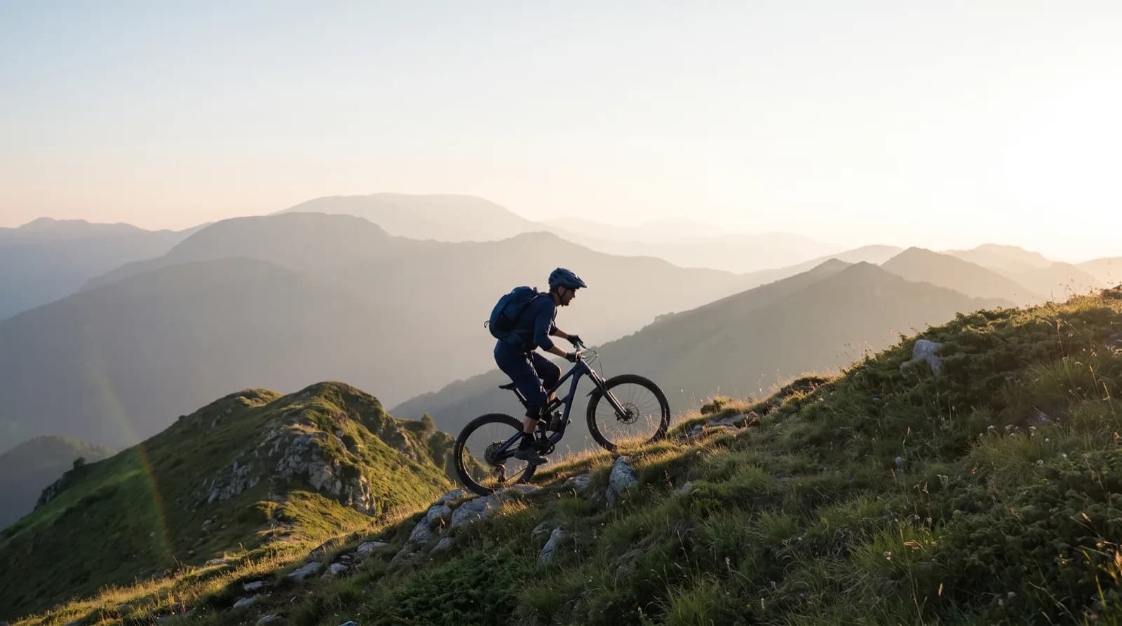 A mountain biker on a hillside trail