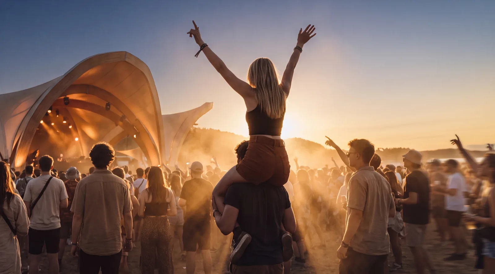 A crowd lit by stage light at an evening festival