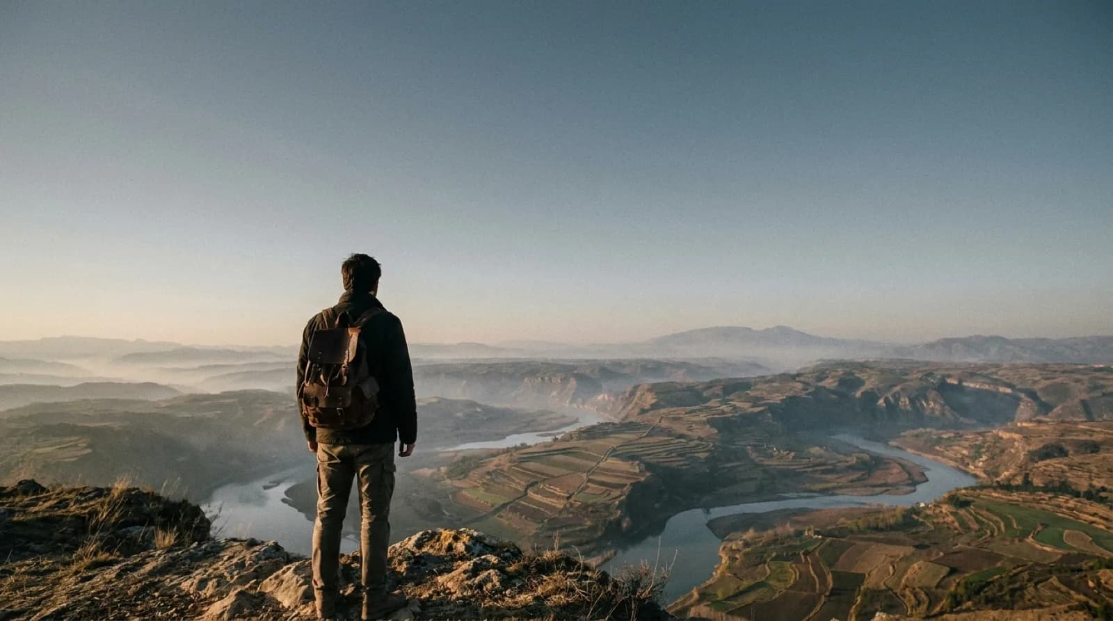 A walker on a ridge above a valley