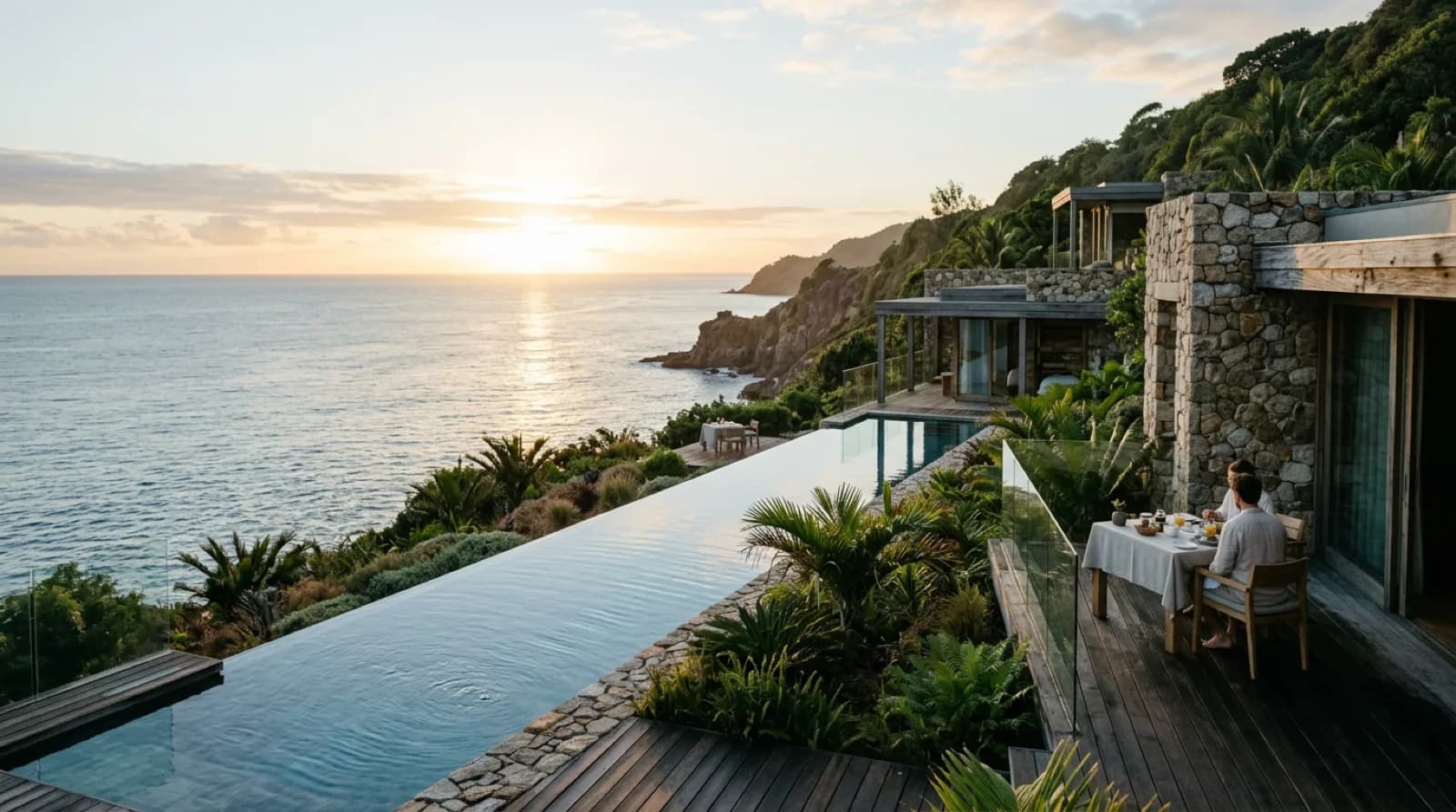 A resort villa and infinity pool at sunset