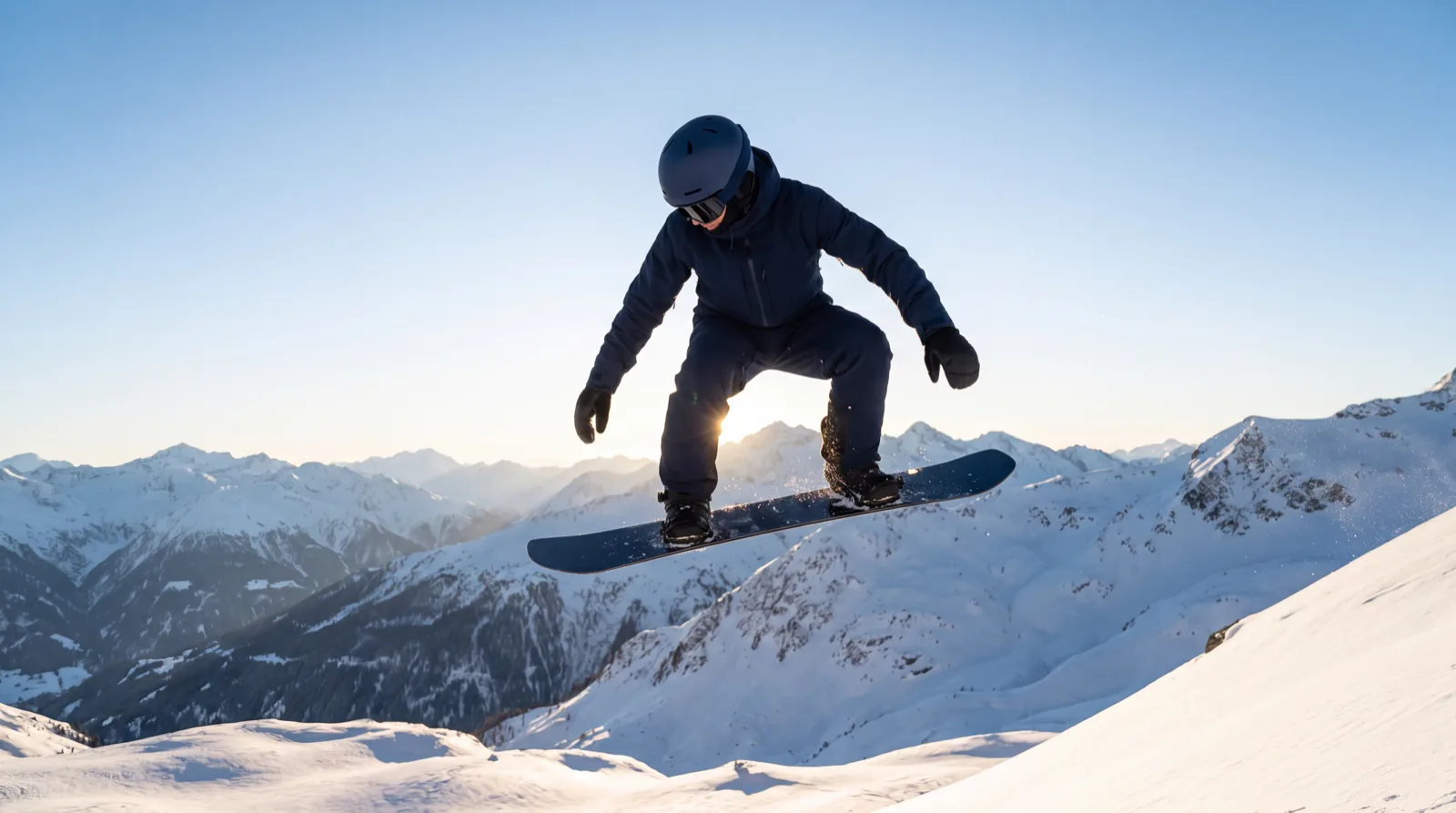 A snowboarder crossing open powder