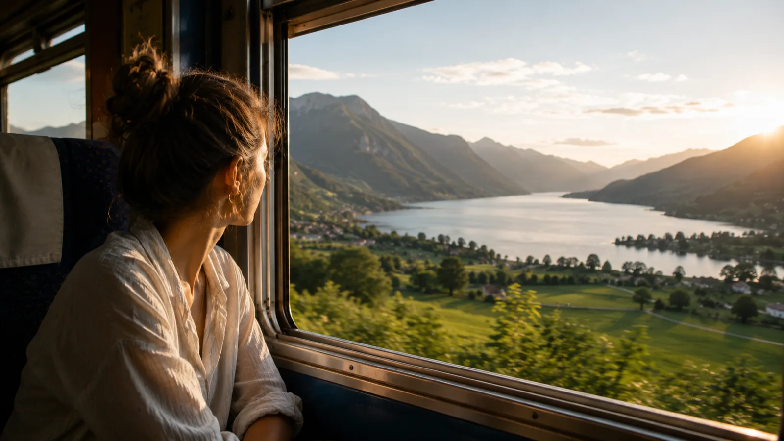 A traveller leaning from a train window above a river valley