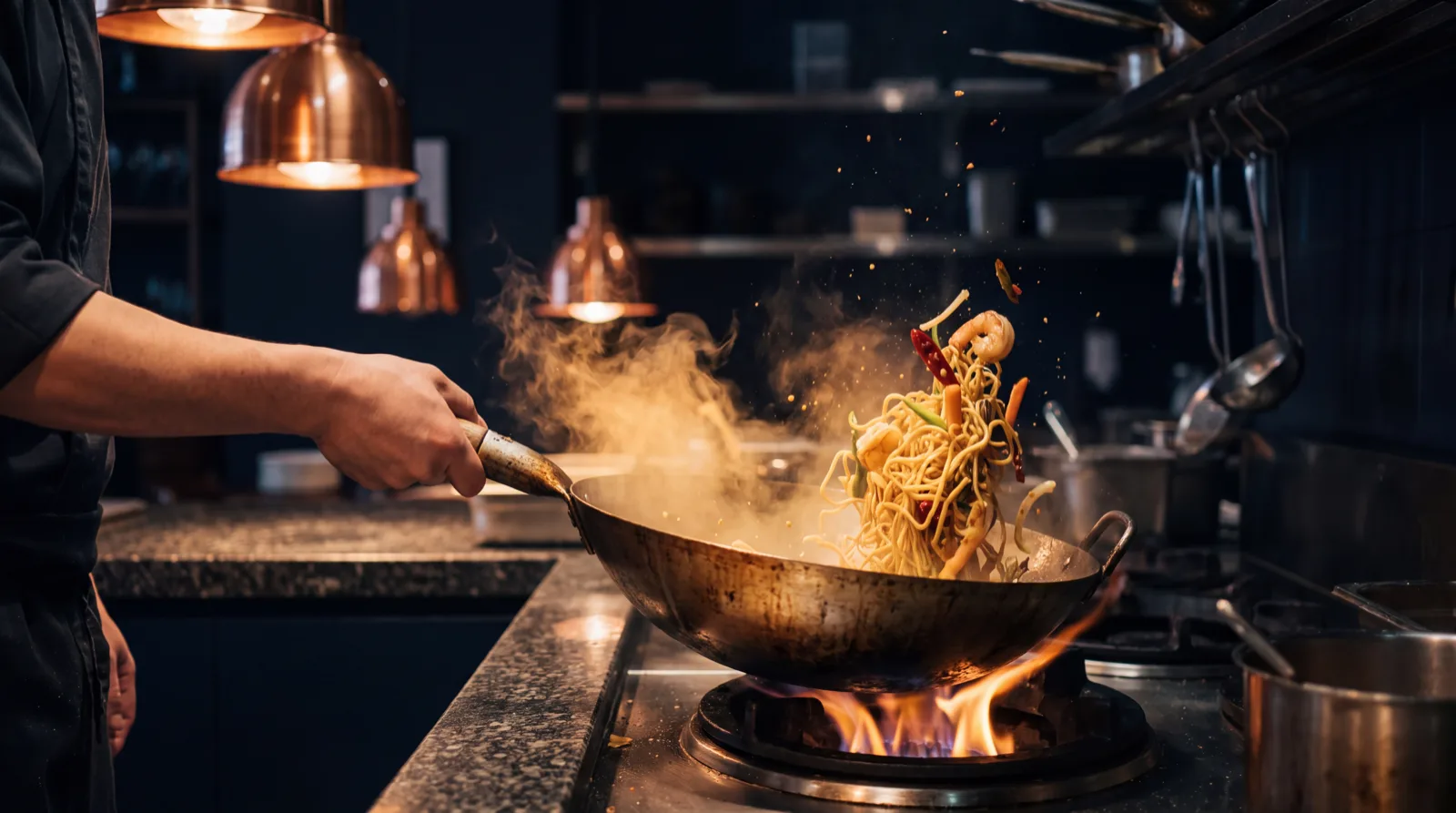 A chef tossing noodles over an open flame